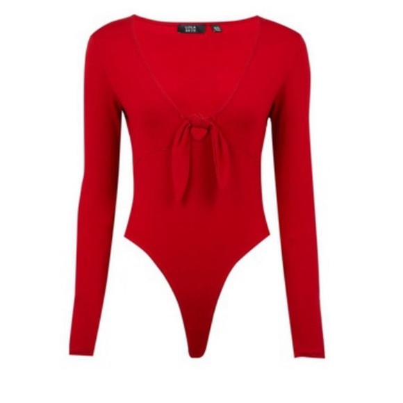lola Skye Tops - Red Tie style V neck long sleeve Bodysuit
